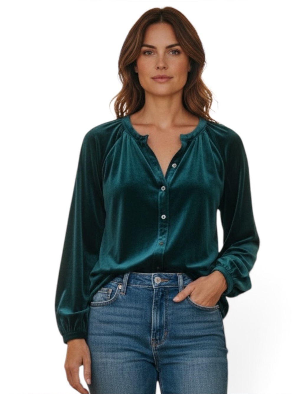 NEW Bobi Los Angeles Jade Stretch Velvet Button Front Top Women’s Large NWT